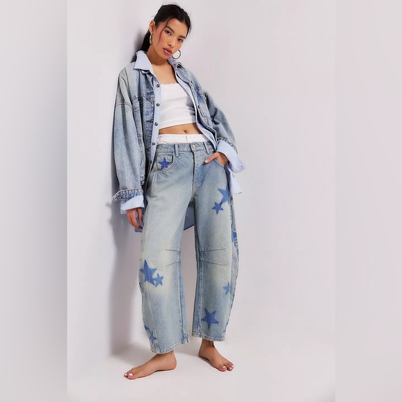 Free People Denim - Free People We the Free Good Luck Shadow Patch Barrel Leg Jeans Size 29